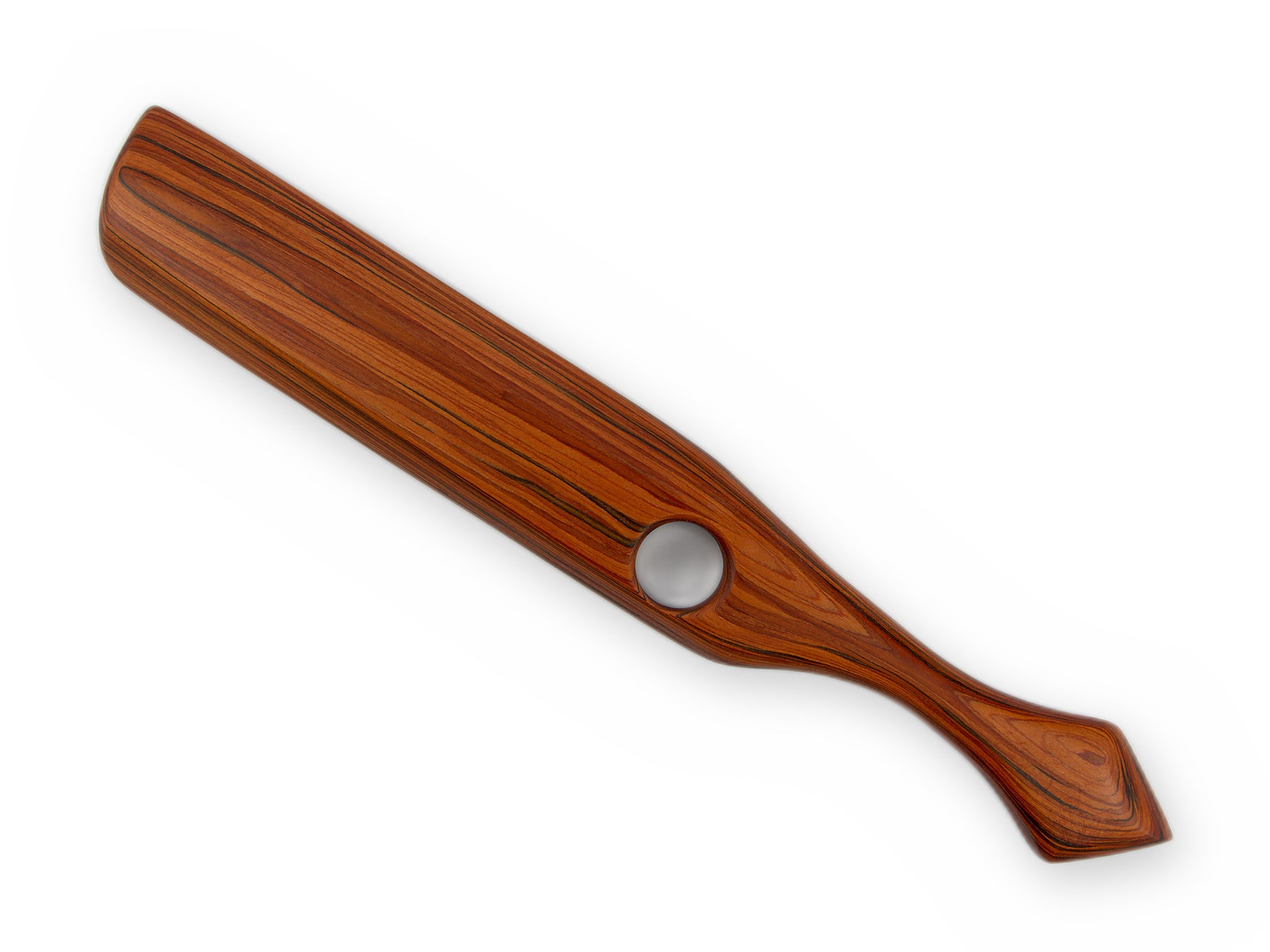 Schweres Spanking Paddle mit stark gewölbter Schlagfläche in warmer Braunmaserung
