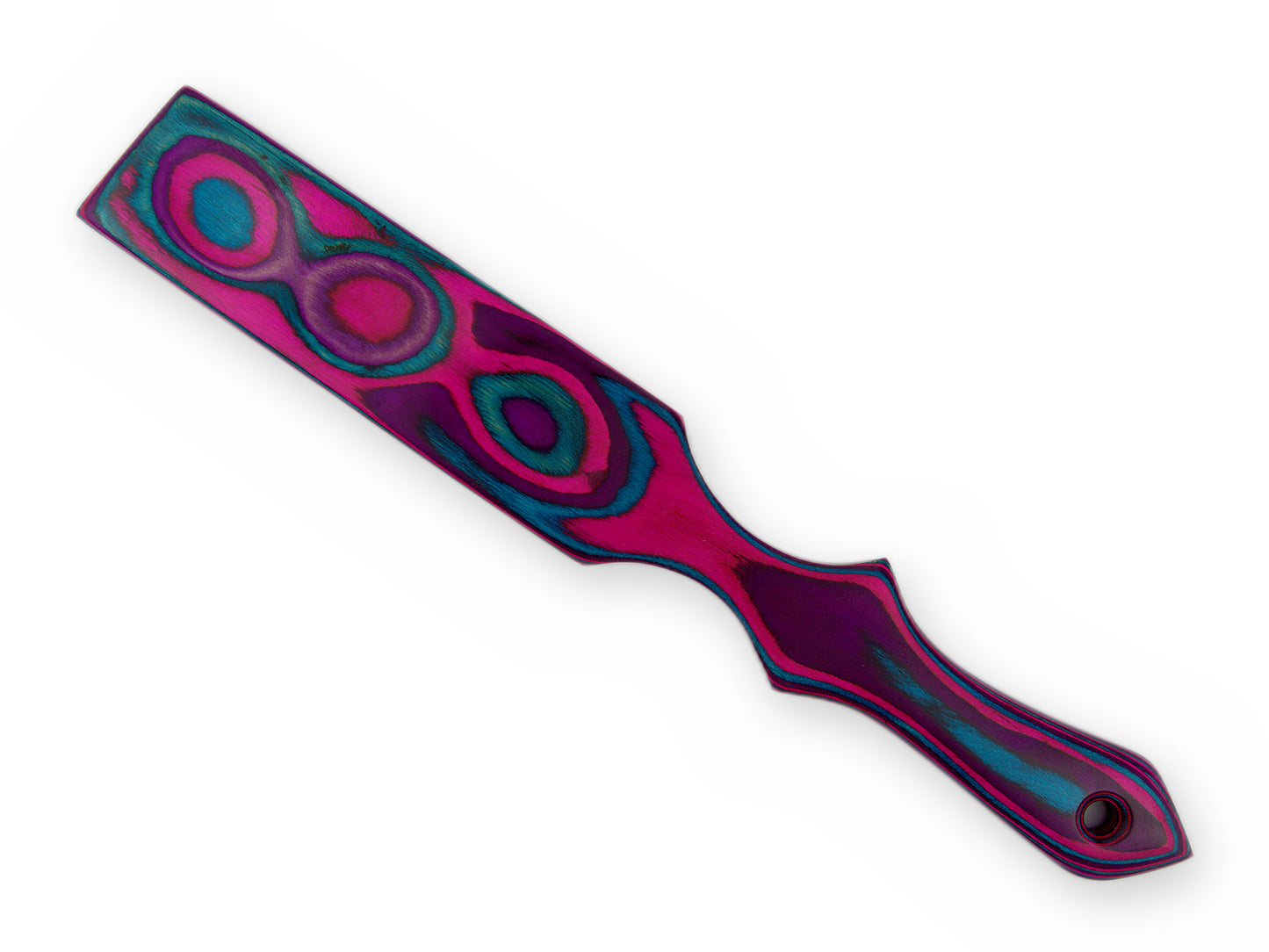 Spanking Paddle in Pink, Lila und Türkis mit drei augenförmigen Vertiefungen