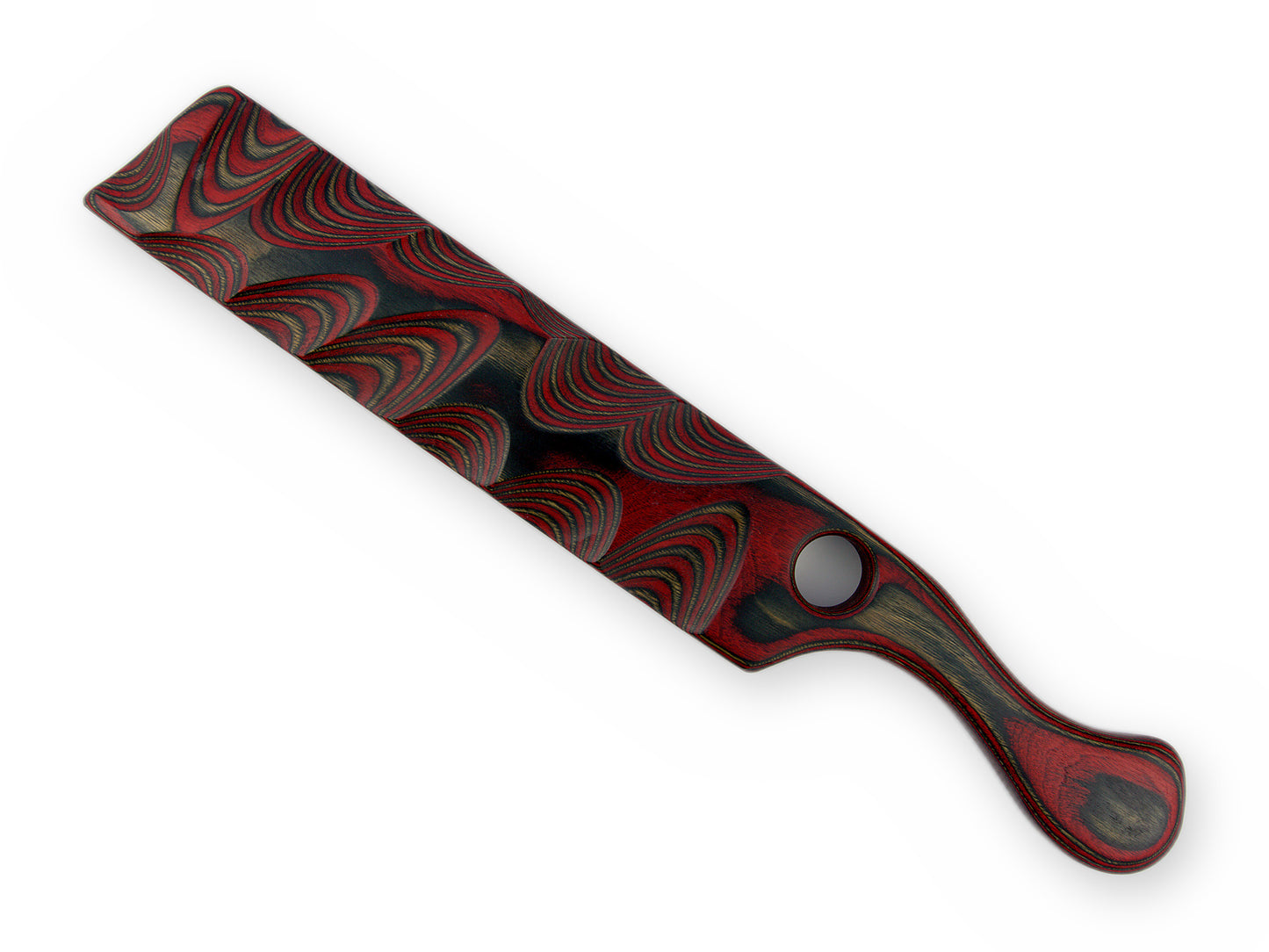 Schweres BDSM Paddle in Rot und Schwarz mit Wellenschliff von oben