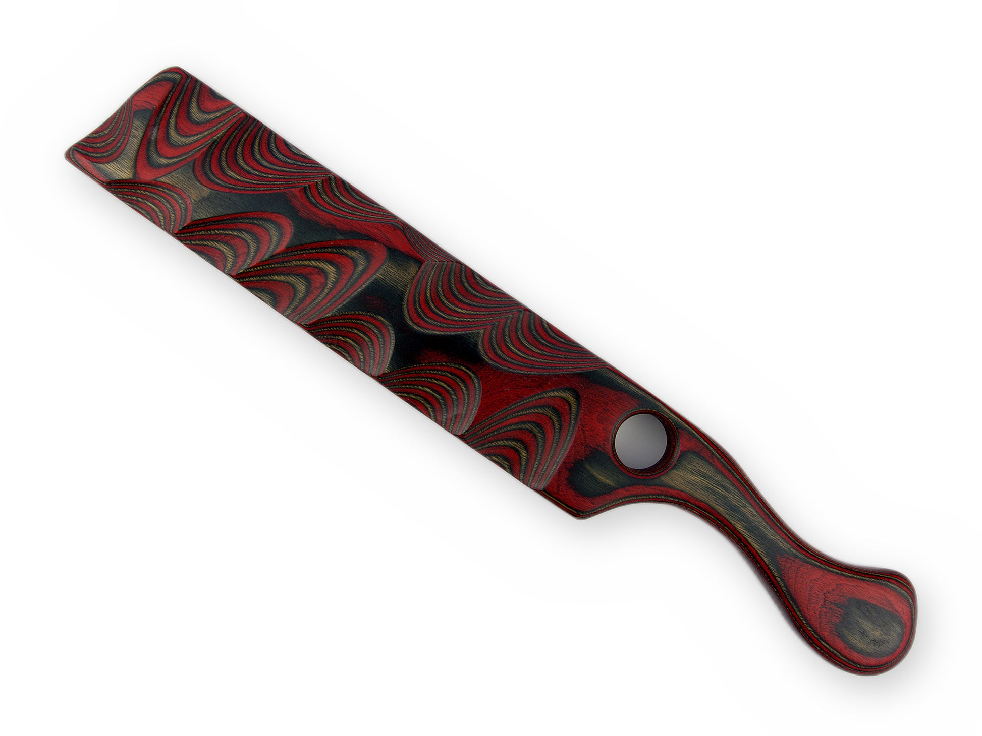 Schweres BDSM Paddle in Rot und Schwarz mit Wellenschliff von oben