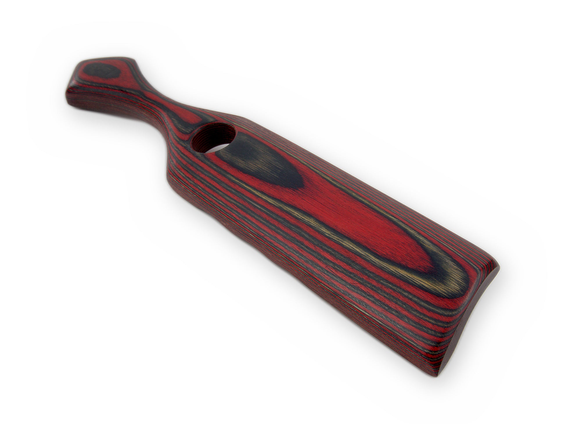 Gewölbte Seite des Spanking Paddles in Rot und Schwarz