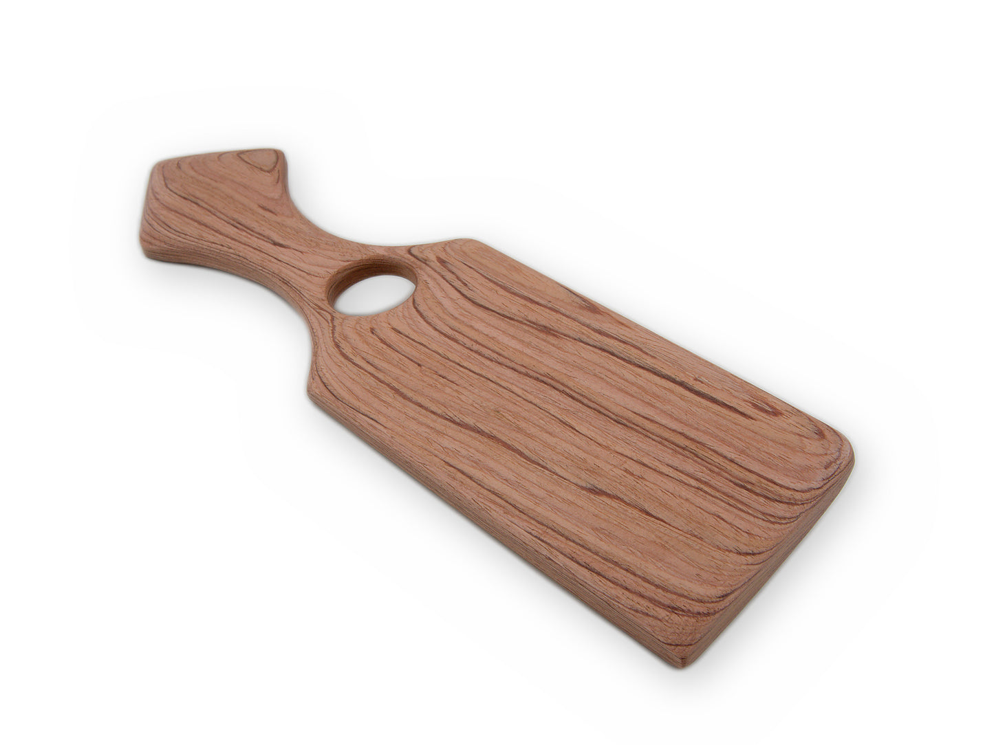 Rötlich gemasertes Holz-Paddle mit breitem Griff in Schrägansicht