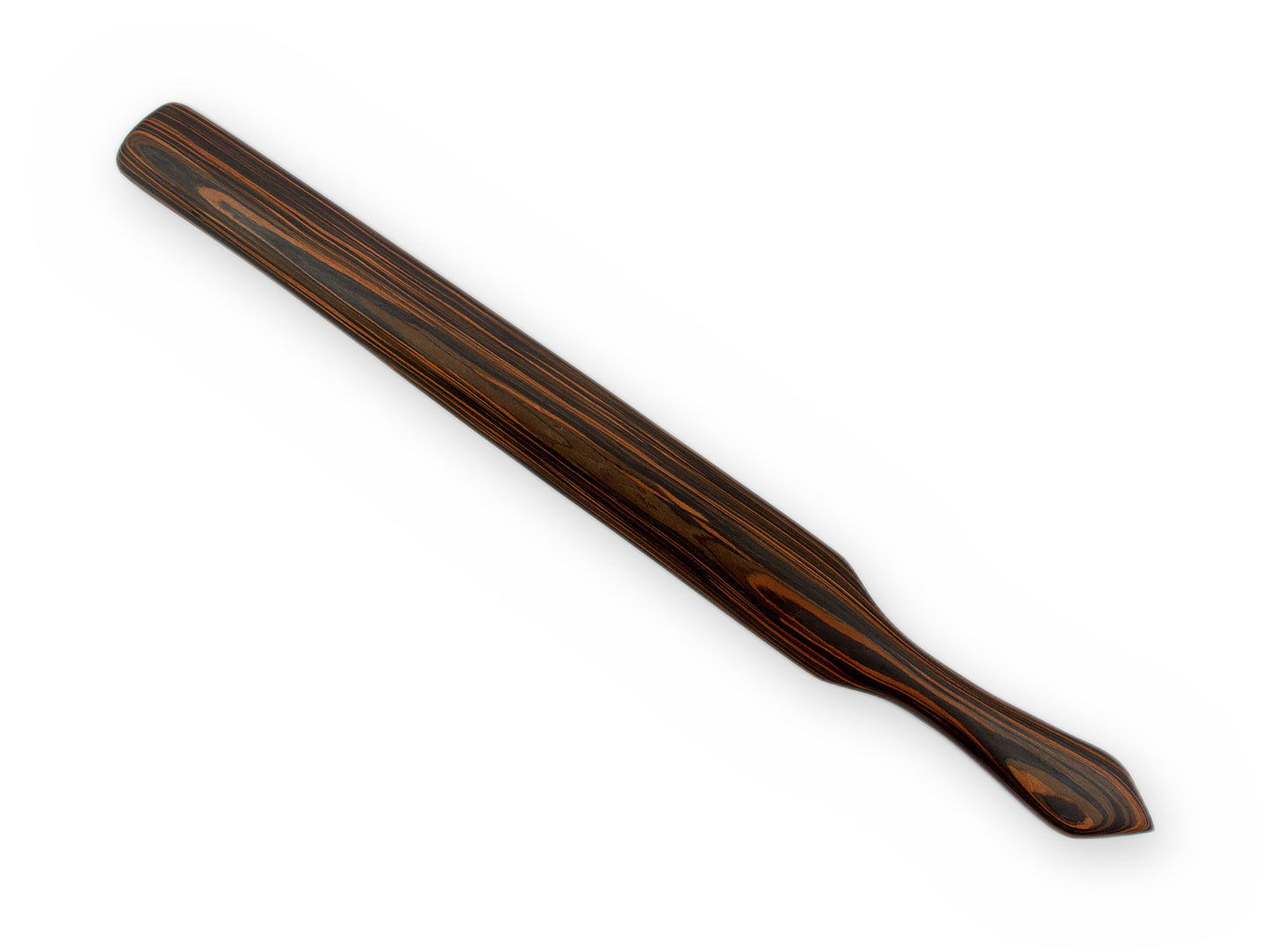 Langes BDSM-Paddle mit gewölbter Schlagseite aus dunkelbraun gemasertem Holz