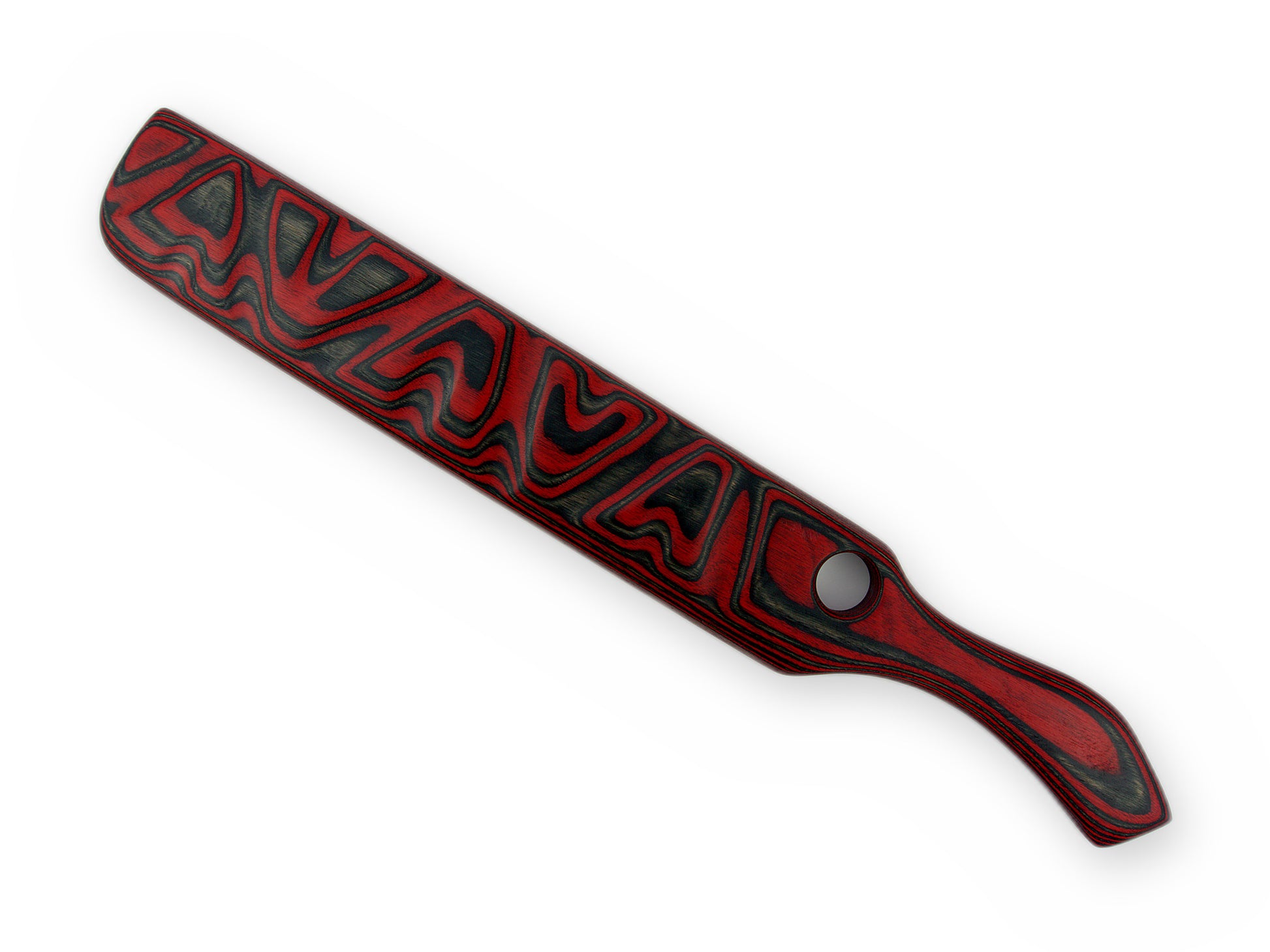 Breites Spanking Paddle in Rot und Schwarz mit strukturierter Schlagfläche